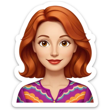 Woman in her 40s with elongated face, soft features, prominent cheekbones, friendly warm smile, medium almond-shaped brown eyes, defined eyebrows, straight nose, medium lips, vibrant red wavy hair, wearing a colorful blouse sticker