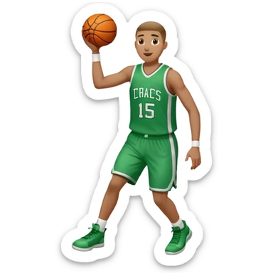 jugador de básquet celebrando, con camiseta blanca y verde sticker