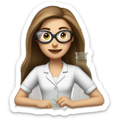 Pale Woman with straight long brown hair wearing small clear goggles in a lab class with a traditional bench and beakers  sticker
