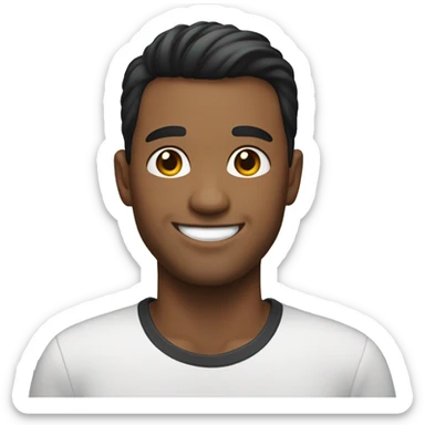 man smiling broadly, black short hair combed back, clean-shaven face with slight stubble sticker