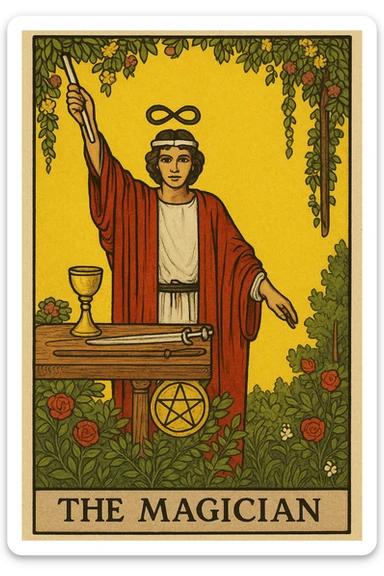 The Magician tarot card, Rider Waite Smith style, magician in red and white robes, holding a wand, table with tarot suits, lush garden, yellow background, classic tarot art. sticker