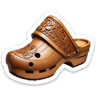 Cinematic Realistic Wooden Clogs Emoji, depicted as a pair of traditionally carved wooden clogs with intricate details and rustic charm. sticker