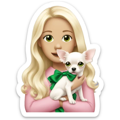 pale blond girl with wavy long platinum hair with green eyes holding a white chihuahua puppy that wearing a pink bow sticker