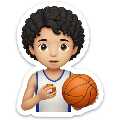 a young asian boy with curly hair rice and a basketball sticker