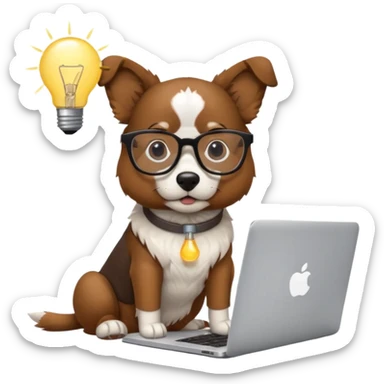 Like a cartoon (make it an intelligent dog with glasses) working with a computer (macbook, showing the apple logo) thinking and a light bulb above his head while he thinks sticker