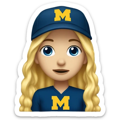 Blonde girl with blue eyes crying wearing University of Michigan hat sticker