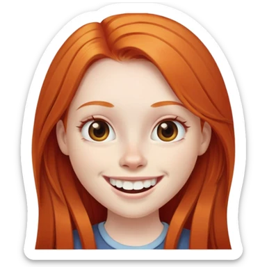 traditional emoji of young girl with very pale skin, long straight bright ginger red hair, regular human eyes (not cat-like), wide nose, big smile with extremely large prominent teeth showing, classic round face sticker