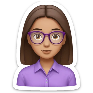 Imagine a pretty girl with slightly light brown skin with big brown eyes and glasses. She has straight long brown hair in a slick back and is wearing a light purple shirt sticker
