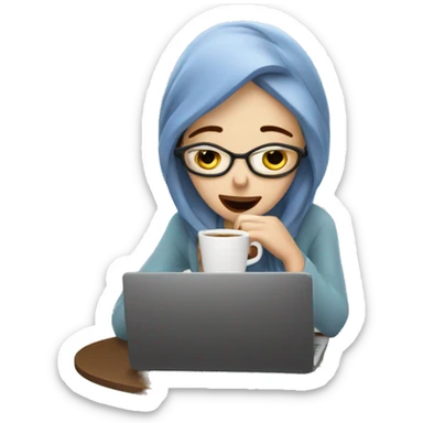 tired french girl with laptop drinking a lot of coffee sticker