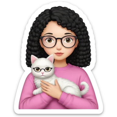 a girl with a black perm hair, wearing a pink sweater and glasses, holding a cute white cat, only upper body sticker