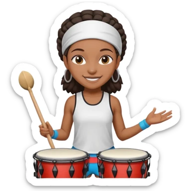 A black girl drummer with a sporty headband and clothes, tapping her drum rhythmically with a grin. sticker