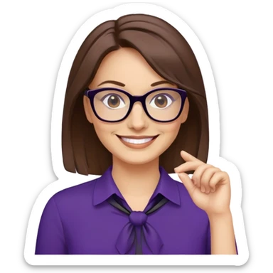 nữ 40 tuổi, da trắng, tóc được buộc gọn gàng màu nâu, mặt cười tươi vui vẻ, đeo kính màu đen, áo tím đậm sticker