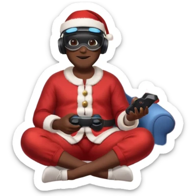 Homme noir, week-end détente, avec casque VR et manette PS 2025, assis dans un salon cosy décor Noël. Père Noël à côté, sourire amical, sapin illuminé, guirlandes et cadeaux au sol. Style réaliste, lumineux, ambiance festive & gaming. sticker