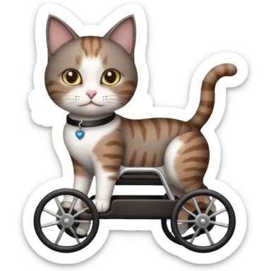 full body small short hair dark brown and white cat with hazel eyes walking in a wheelchair for cats sticker