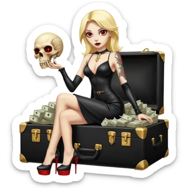 Lilith symbol red eye seductress evil shoulder length blonde haired sexy succubus woman with leather long dress with slit, sitting on a case of gold and cash. Black Platform high heels on feet. Tattoo sleeve arms, seat full of stacks of cash,  dead human skull of her enemies in her other hand sticker