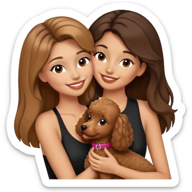 a girl with long straight balayage hair and long lashes, smiling, wearing black halterneck top, and holding and kissing a brown poodle sticker