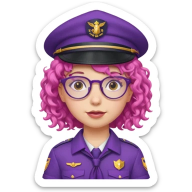 scout girl with pink curly hair and uniform and hat and glassess and purle uniform sticker