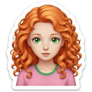 white pale girl with long curly orange hair, green eyes, pink shirt sticker