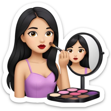 Girly girl long black hair, putting on makeup sticker