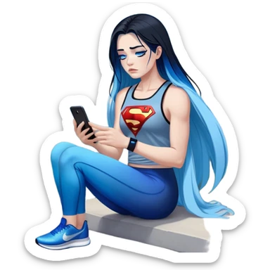 Shameful disappointed crying-very very very very big chest-texting on a samsung cell phone-very long straight flowing black to sky blue hair ombre-blue eyes-black eyeliner-long eyelashes-plastic sparkling sky blue very low cut tank top with sparkling superman logo-black leggings-nike sneakers sticker