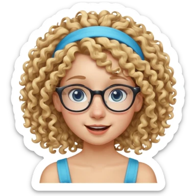 blond kid with unique face features and very curly hair kid girl happy and big glasess and big nose and very blue eyes and headband with freckles sticker