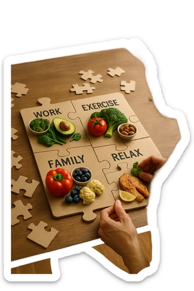 realistica cinematic photo a person is surrounded by puzzle pieces, each representing a different aspect of their life (Lavoro, Esercizio, Famiglia, Relax), and healthy foods are integrated into each piece. The person assembles the puzzle, creating a complete, personalized nutrition plan. The mood is uplifting and creative. in italiano sticker