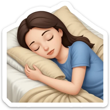 Brunette girl sleeping on white bed and beige blanket  sticker