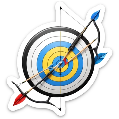 A professional recurve bow with an arrow nocked, ready to be released. The target features concentric rings, placed at a distance. The emphasis is on the bow, arrow, and target, highlighting the precision, focus, and skill involved in competitive archery. sticker