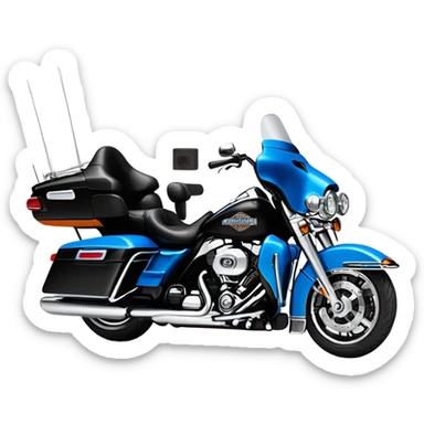 harley davidson electra glide ultra classic with big blue pearl and vivid black two color paint scheme with recurve windshield, a radio antenna and a citizen's band radio antenna and an older gu sitting on the seat. sticker