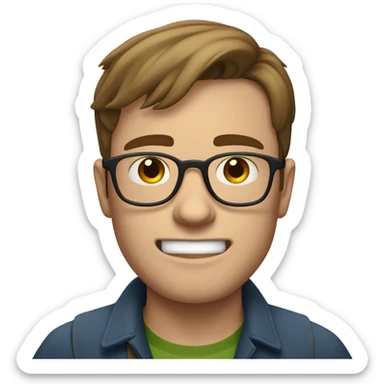 A nerdy white guy with brown hair and glasses making a grimacing face  sticker