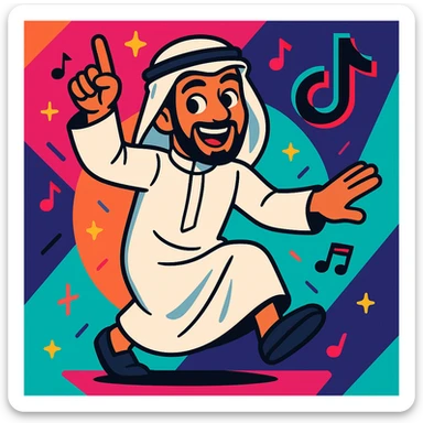 Middle Eastern man, traditional Arab clothing, TikTok style, energetic, youthful, colorful background sticker