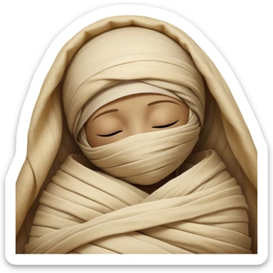 A snug, cozily wrapped mummy, fully encased in soft, slightly loose bandages, even its face gently hidden behind folds with only a tiny glimpse of sleepy eyes, nestled in warm, faded tones with gentle golden accents, simplified yet irresistibly charming, highly detailed with a soft glowing outline capturing the peaceful aura of an ancient being drifting into rest! sticker