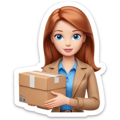Barbie with blue eyes, shoulder-length reddish-brown hair and brown clothes holds a package box sticker