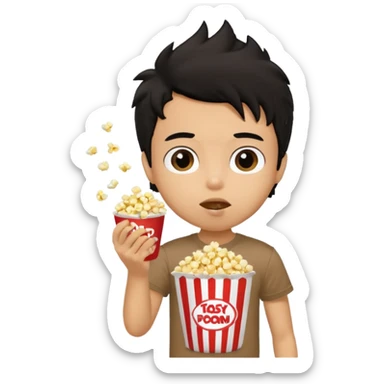 generate a pretty tan bratz boy with a brown tshirt on. eating popcorn. messy black hair sticker