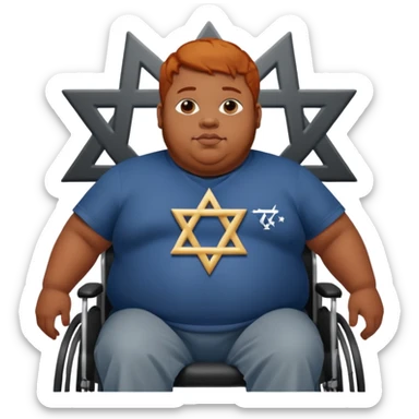 Obese Down syndrome black man with ginger hair in a wheelchair with a Jewish symbol  sticker