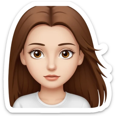 Chica de pelo liso ,largo y marrón con ojos color marrón  y una camiseta blanca y la piel blanca con pestañas y maquillada clean look sticker