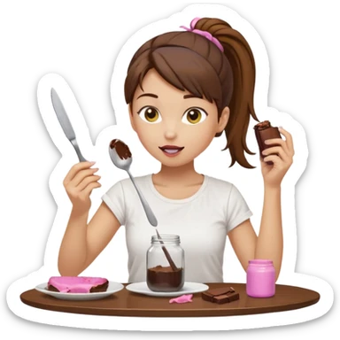 yellow-skinned woman with brown hair in a ponytail, wearing a white T-shirt. She’s sitting at a table, licking chocolate off a knife and holding a 'Banado' jar. On the table: a plate with crumbs, a fork, a glass of dark drink, and a pink lid. Simple brown background. sticker