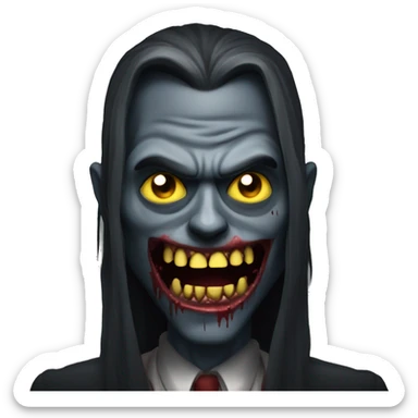 zombie vampire with a dark monochrome skin and a crazy face with yellow and sharp teeth and blood and long hair covering the face sticker