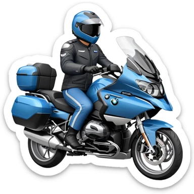 blue BMW R 1200 RT touring motorcycle with rider on road sticker