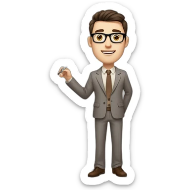 Pale skinned fit man with dark brown hair in gray jacket, beige office shirt, brown tie, brown pants and vintage glasses Writing on the flipchart sticker