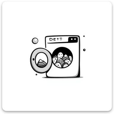 playful hand-drawn doodle of a washing machine with colorful bubbles and clothes peeking out sticker