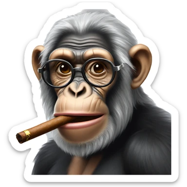 An old chimpanzee with grey hair smoking a cigar wearing glasses  sticker