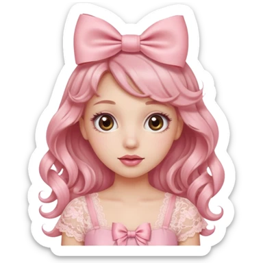 “Emoji girl, doe eyes, long fluttery lashes, soft pink blush, glossy rose lips, ribbon hair bow, romantic curls, wearing pastel pink lace top.” sticker
