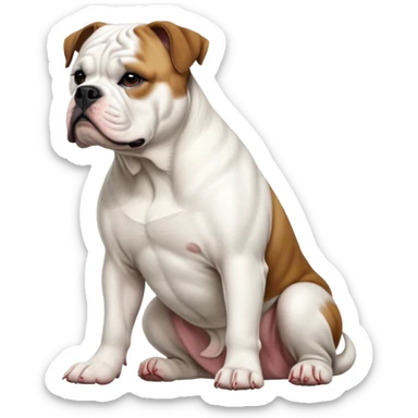 cinematic-[american bulldog]-realistic-full-body-sitting-emoji,-tail-resting-loosely-beside-its-paws,-head-tilted-dramatically,-fluffy-[colour]-fur,-simplified-yet-realistic-focused-features,-highly-detailed,-glowing-with-an-almost-sarcastic-glow sticker