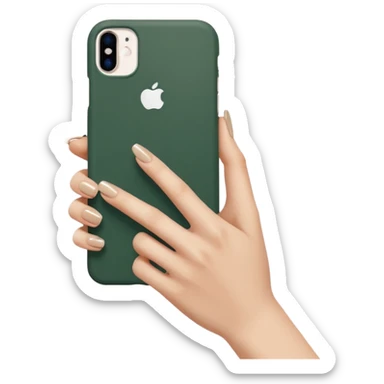 female hand with nude manicure (5 fingers) holding a white iPhone in a dark green case, minimalism, angled view sticker