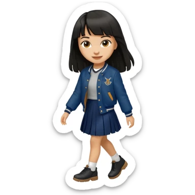 black color long hair with fringe, light skin long hair girl with brown varsity jacket,  navy long skirt walking

 sticker