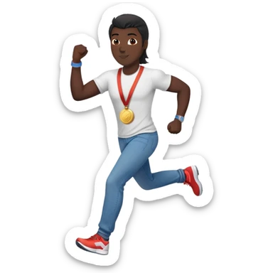 friendly anthropomorphised black stallion in jeans and a t-shirt, jogging upright in standard pose, holding a medal sticker