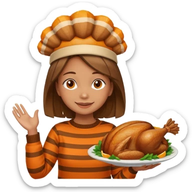 happy tan girl with an orange striped sweater and a cooked browned turkey on her head  sticker