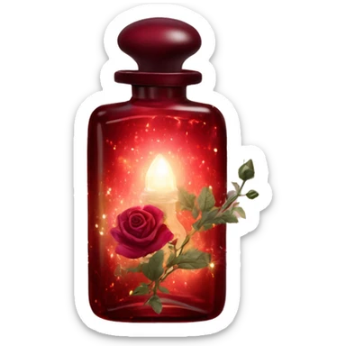 Dark red magic fairy light sparkling old Antique oil perfume bottle with herbal and rose flowers sticker