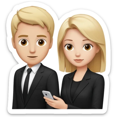 blonde woman in black suit talking to brown-haired man in white t-shirt sticker